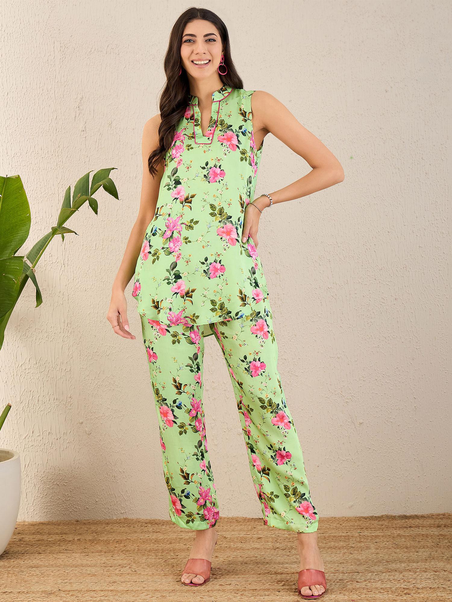 green and pink garden print sleeveless co-ord (set of 2)