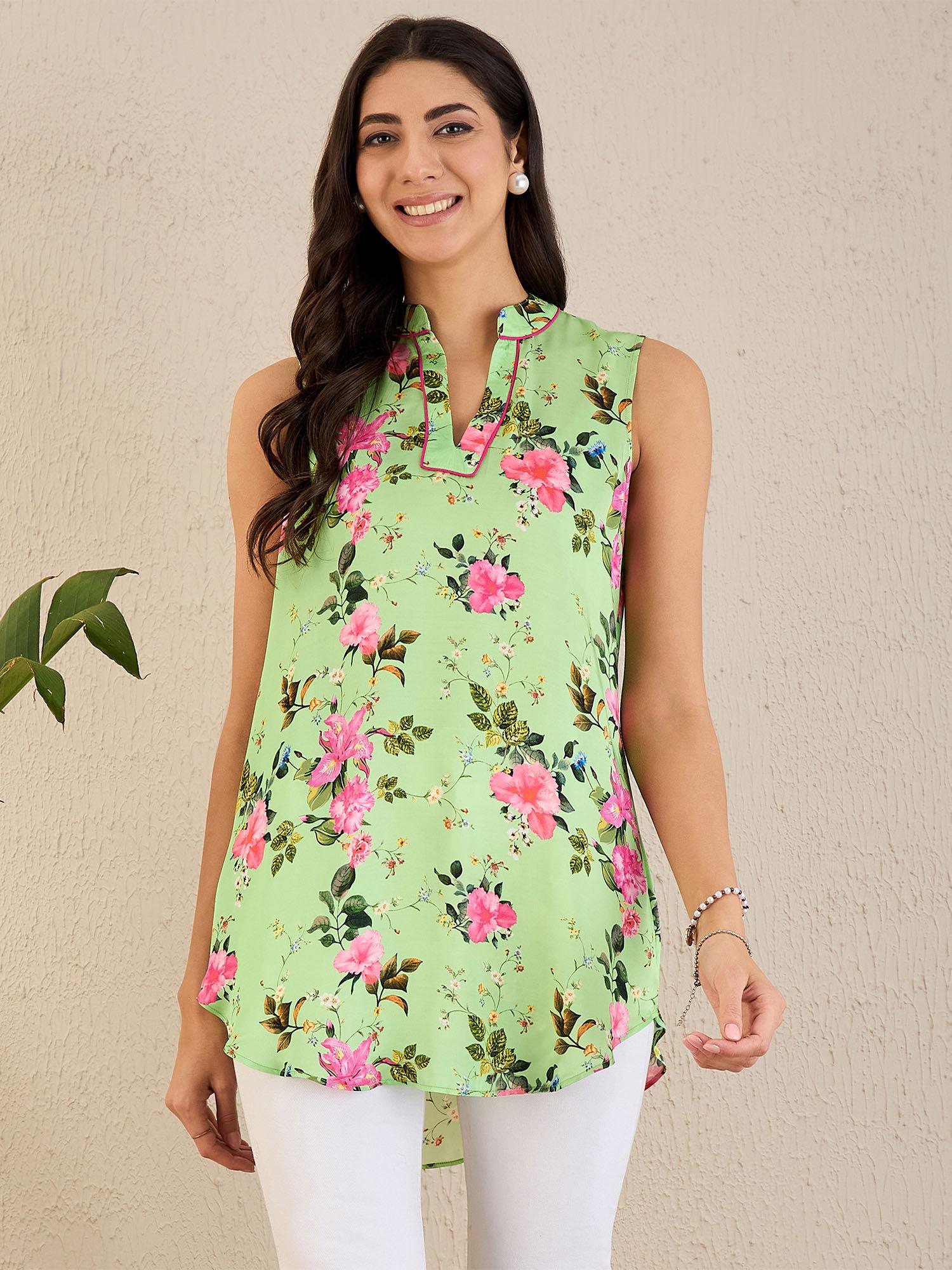 green and pink garden print sleeveless top