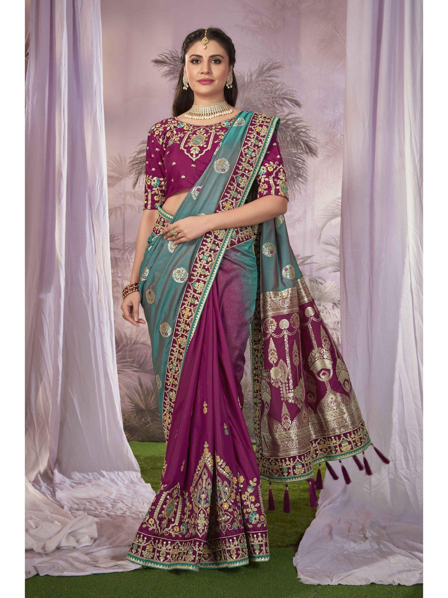 green and purple banarasi silk woven embroidered saree with unstitched blouse