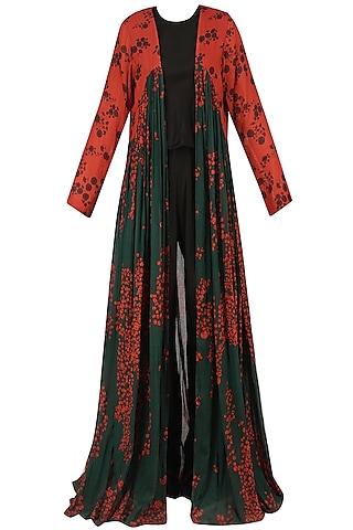 green and red berry print floor length jacket