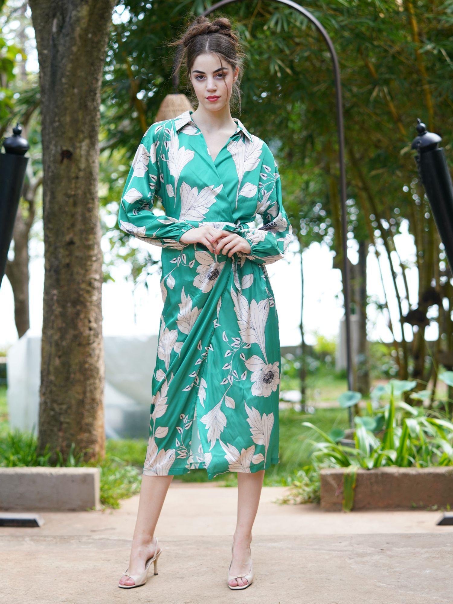 green and white satin overlap printed dress