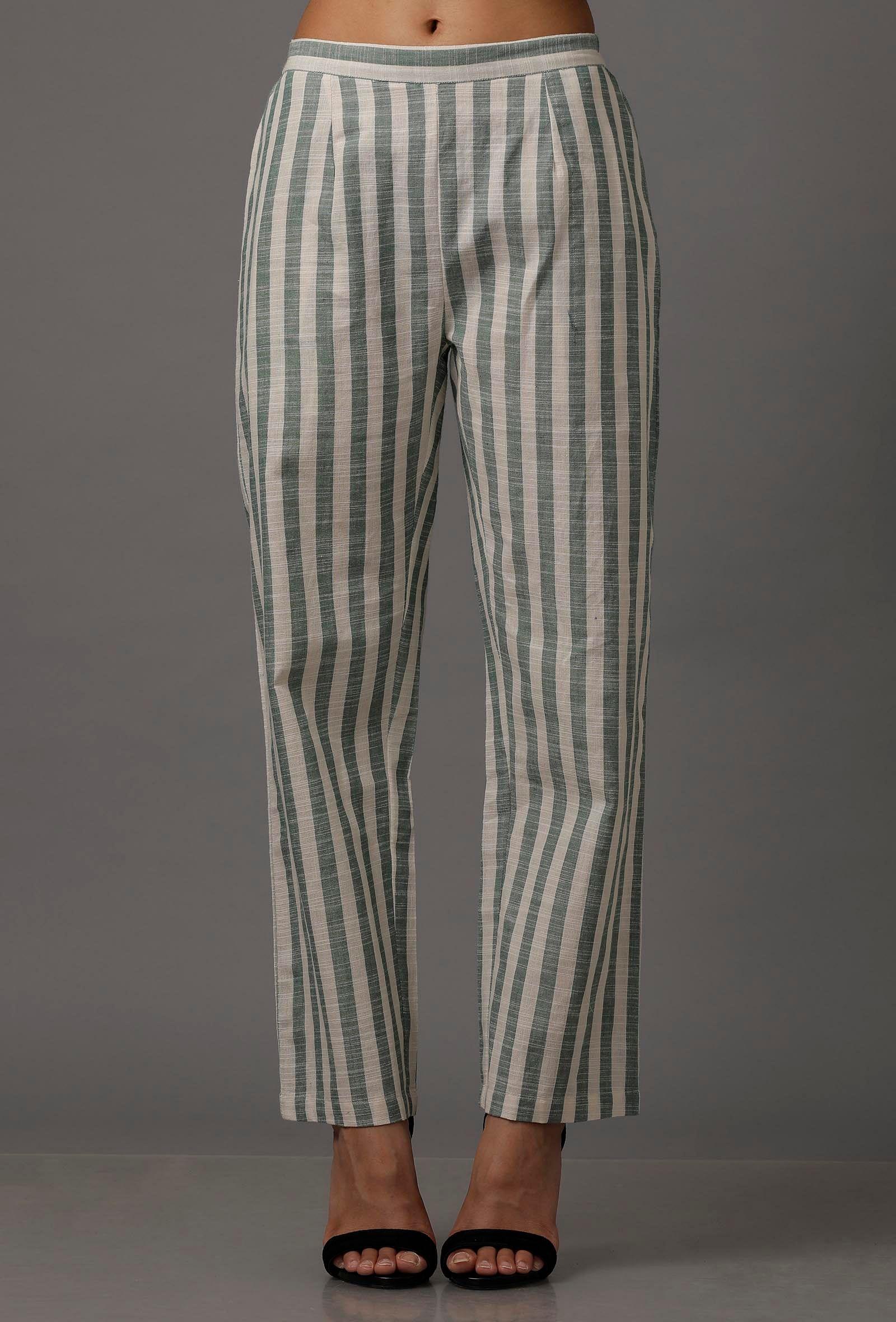 green and white stripes pure woven cotton pants