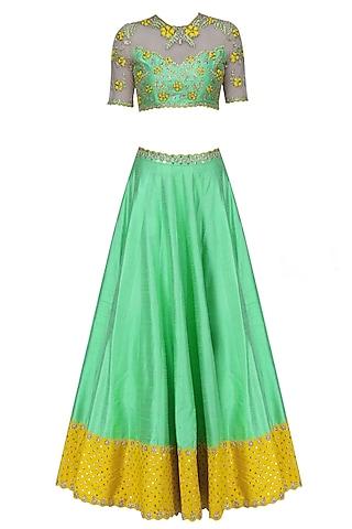green and yellow floral embroidered lehenga set