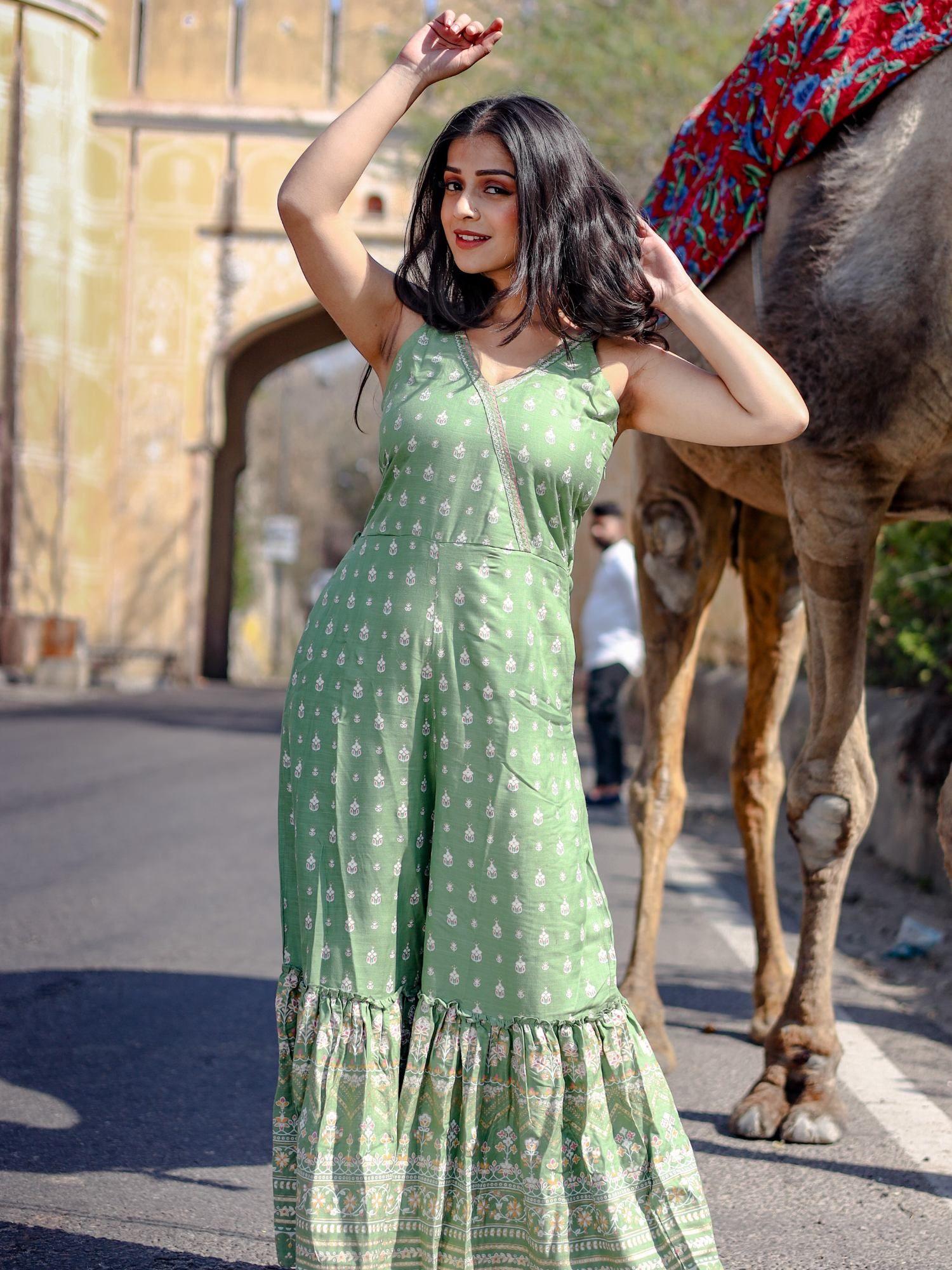 green angrakha shoulder strips jumpsuit