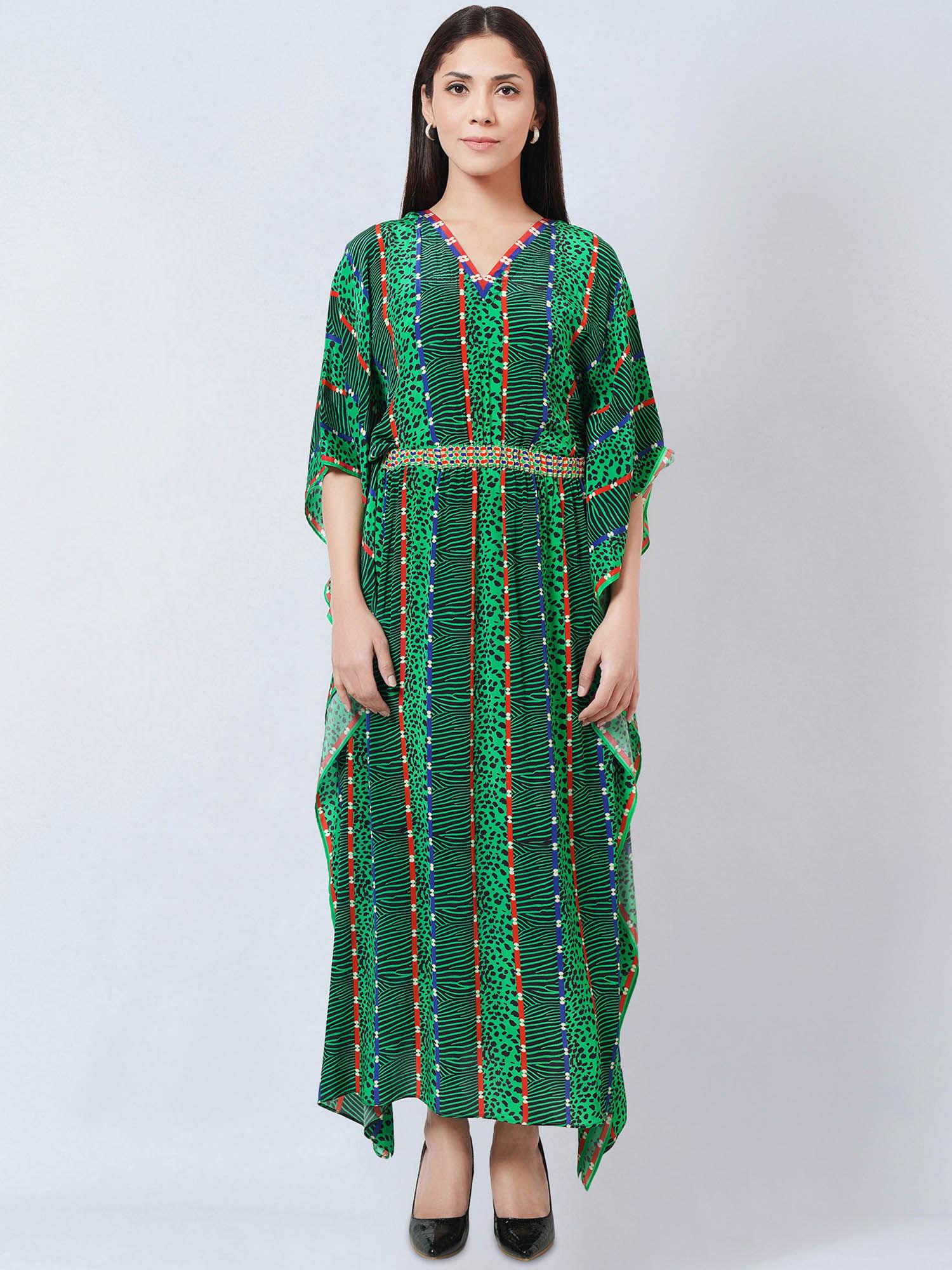 green animal print silk flared sleeves kaftan dress