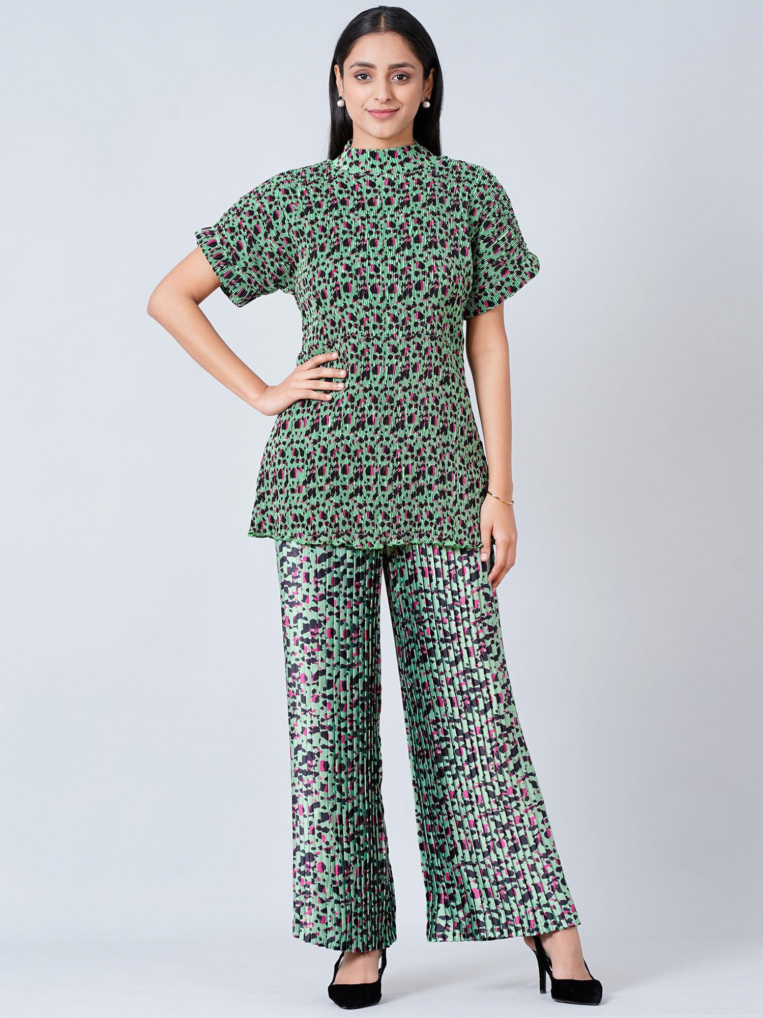 green animal print top and knife pleated palazzo (set of 2)