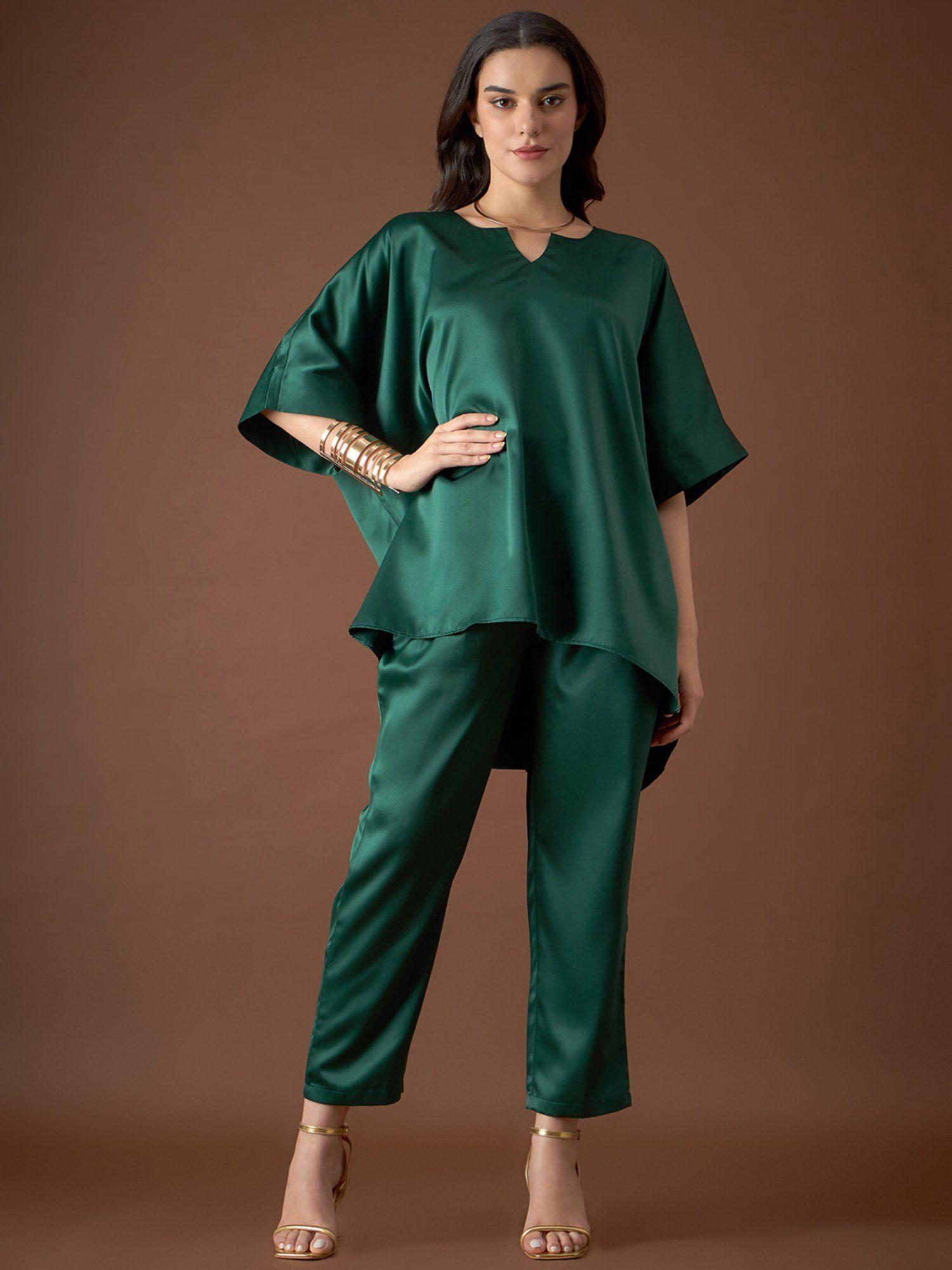 green anti fit kaftan top with pants (set of 2)