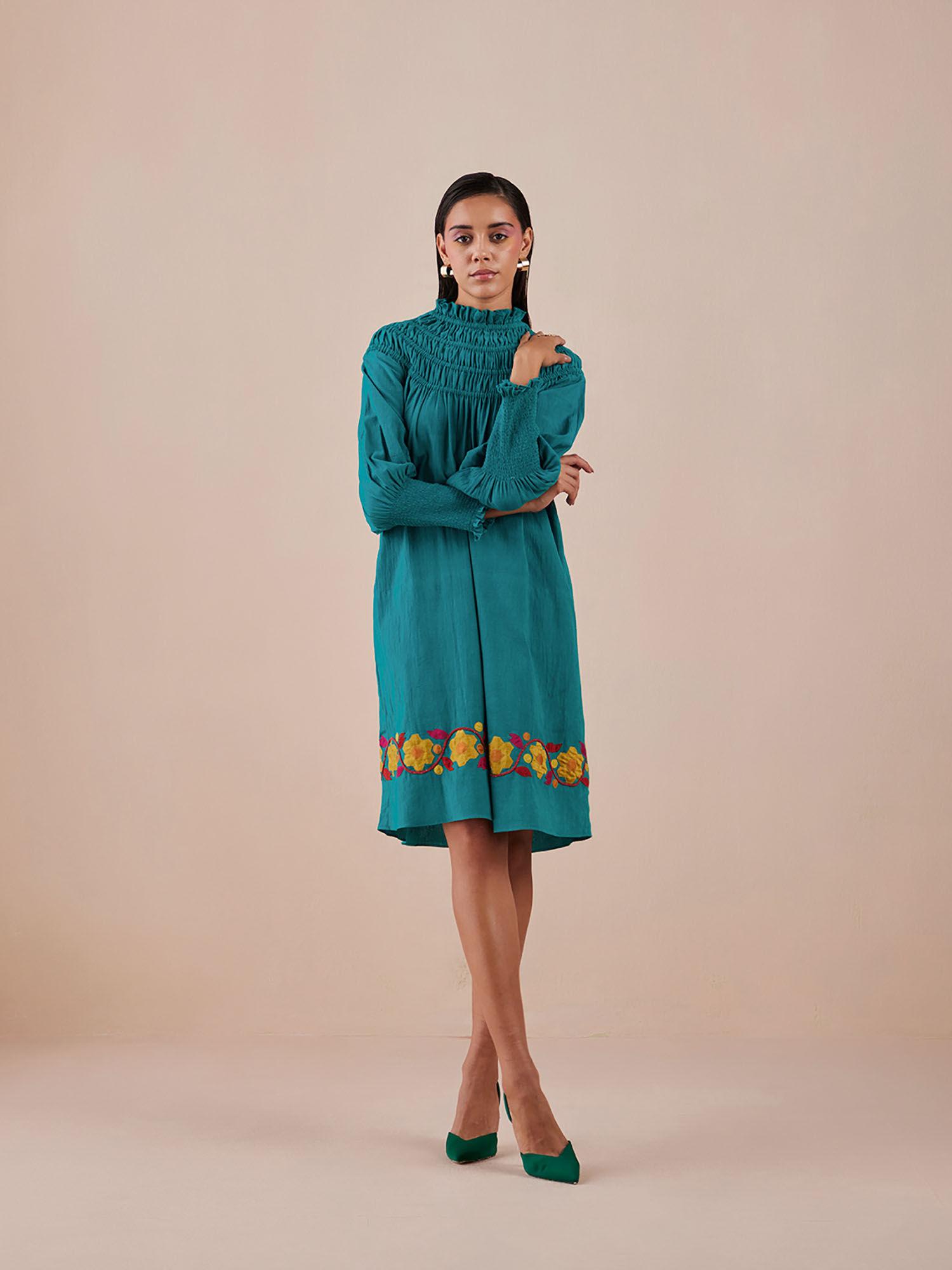 green applique and ruched dress