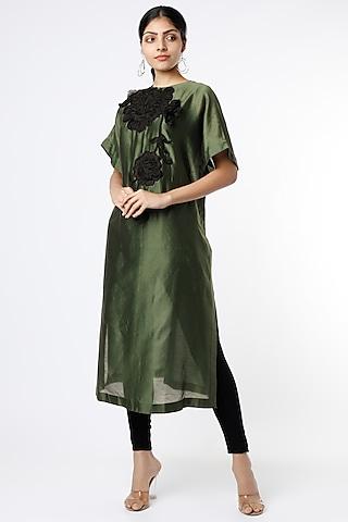 green applique embroidered dress
