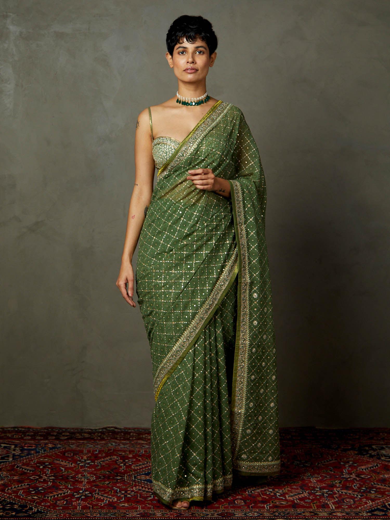 green ari with tikki-h emb rohira saree with unstitched blouse