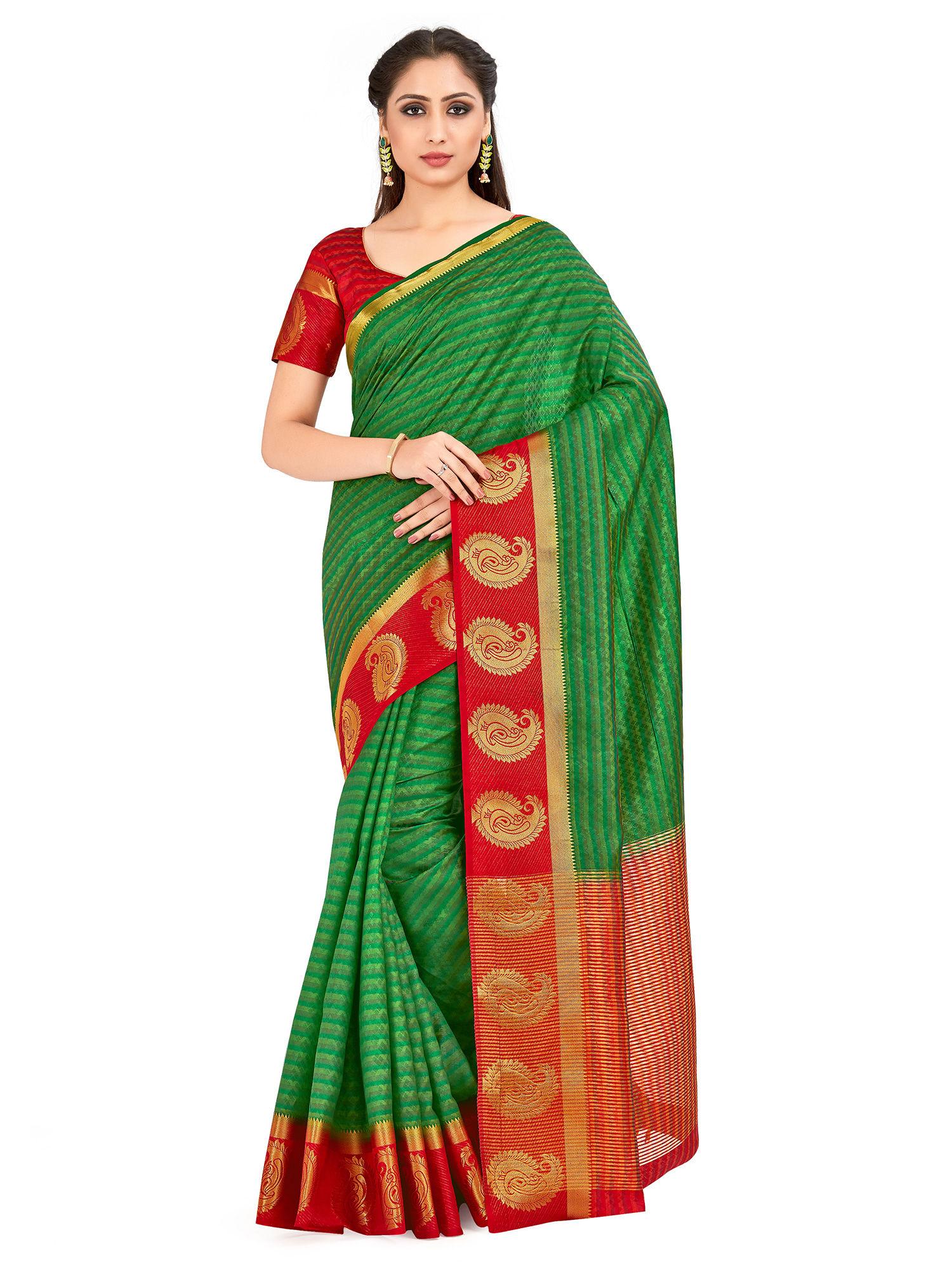 green arni pattu style art silk saree with unstitched blouse