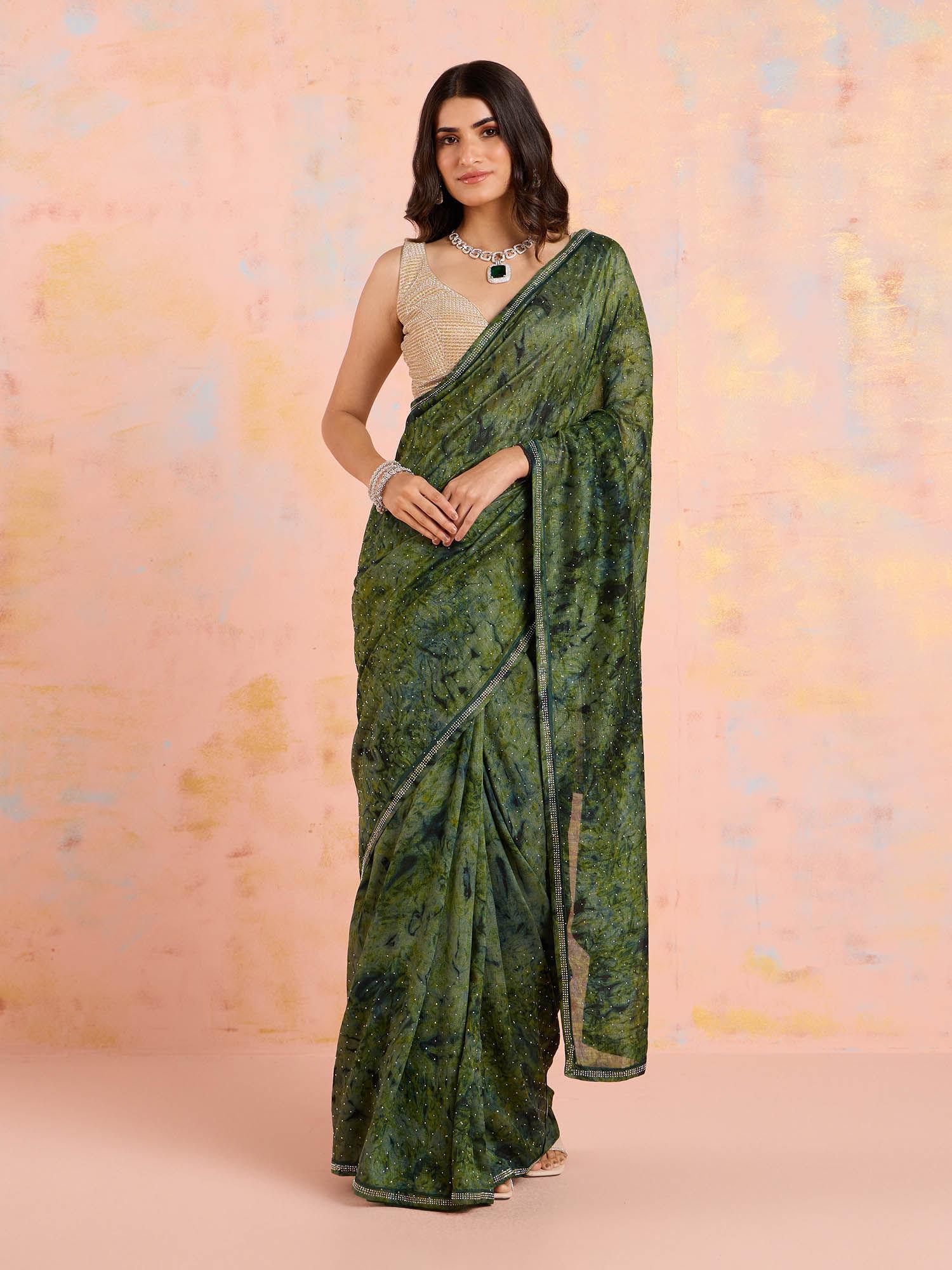 green art silk embellished printed saree with unstitched blouse likparsar02