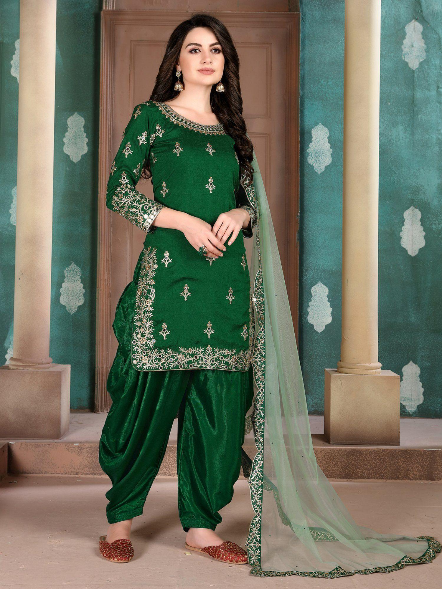 green art silk embroidered semi stitched dress material with inner (set of 4)