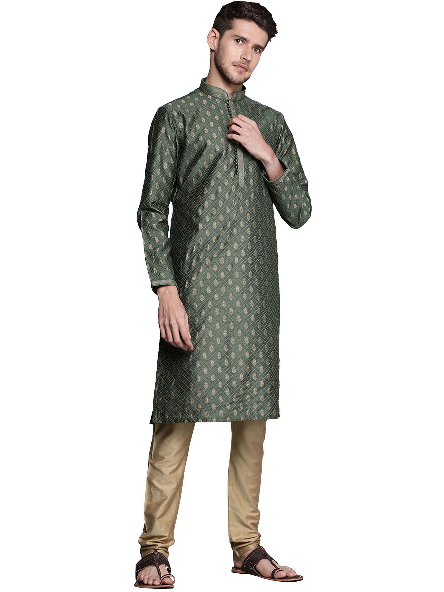 green art silk solid kurta pencil pyjama set (set of 2)