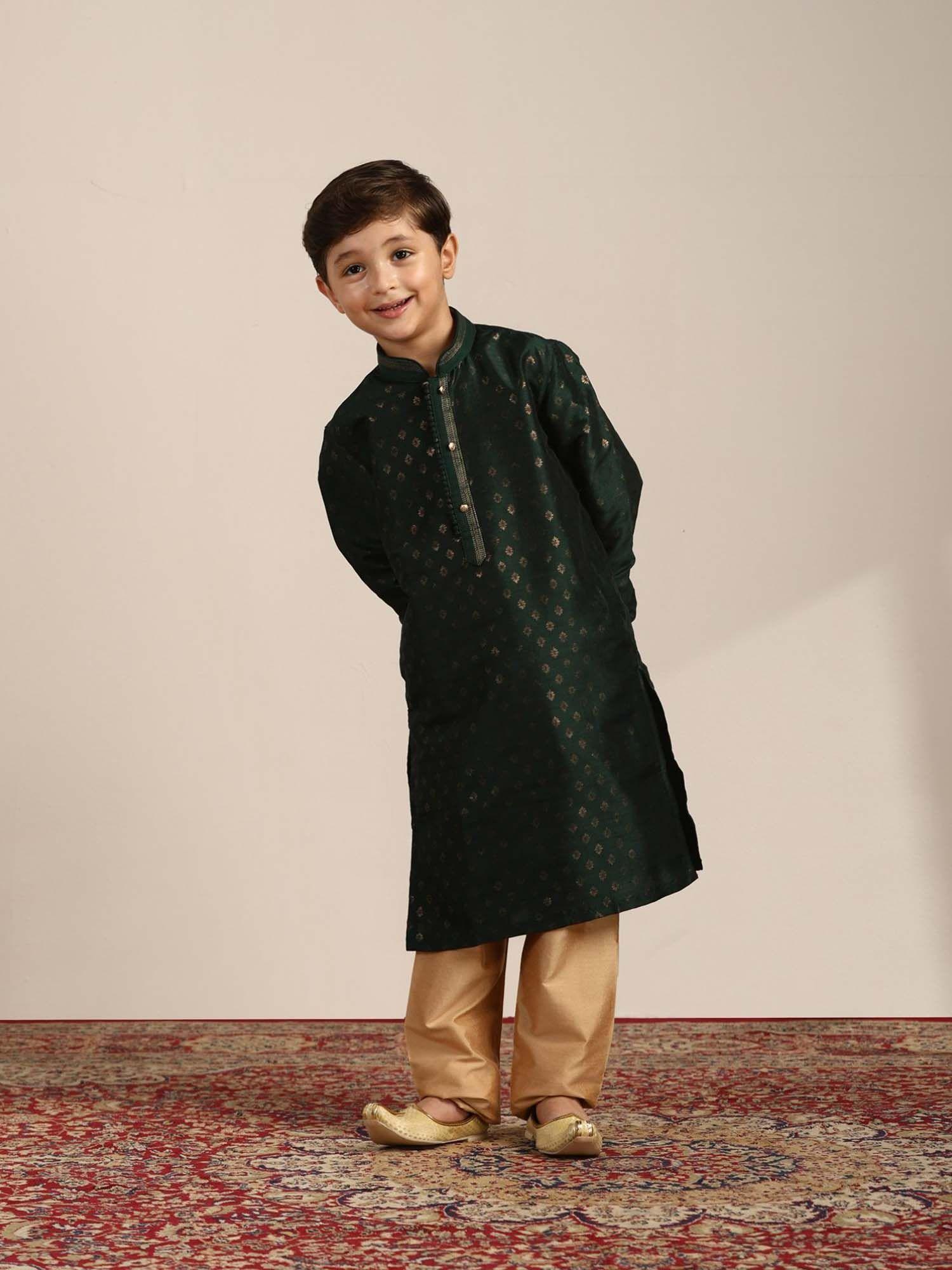 green art silk woven mandarin collar traditional kurta pyjama (set of 2)