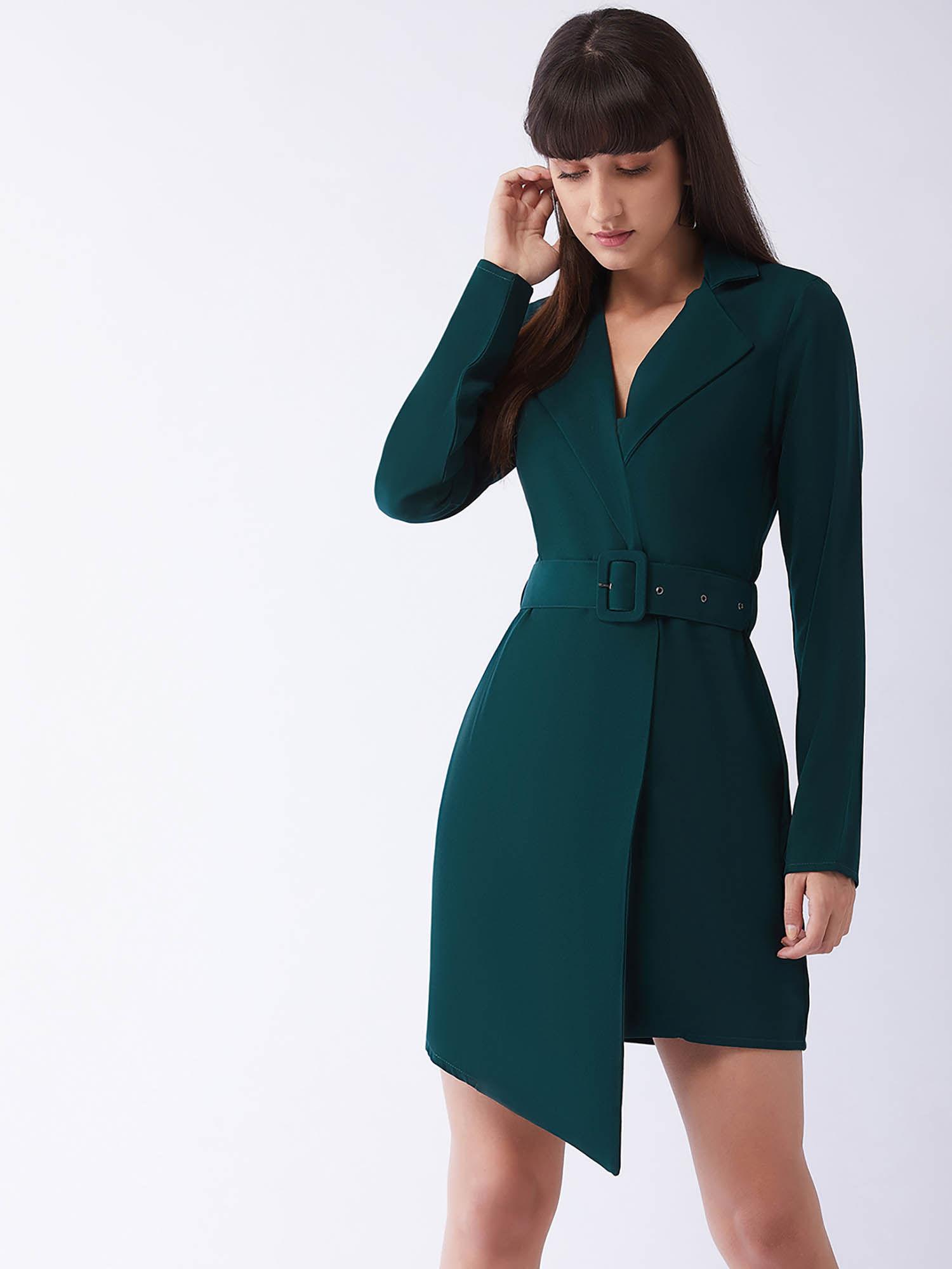 green asymmetric overlap coat dress with belt