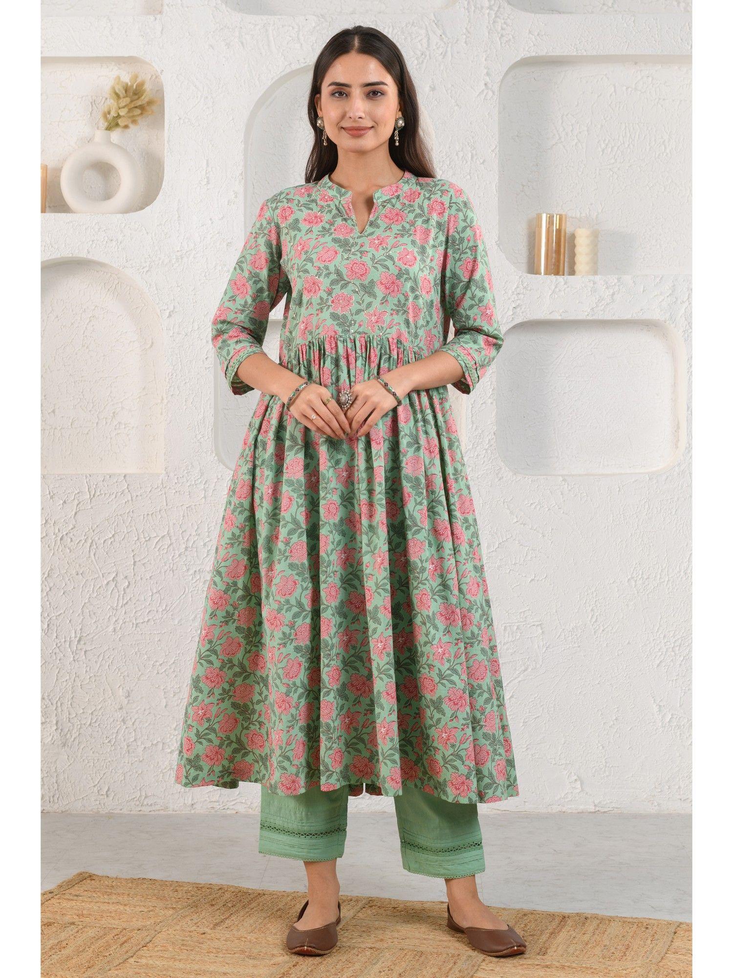 green bageecha gathered anarkali kurta