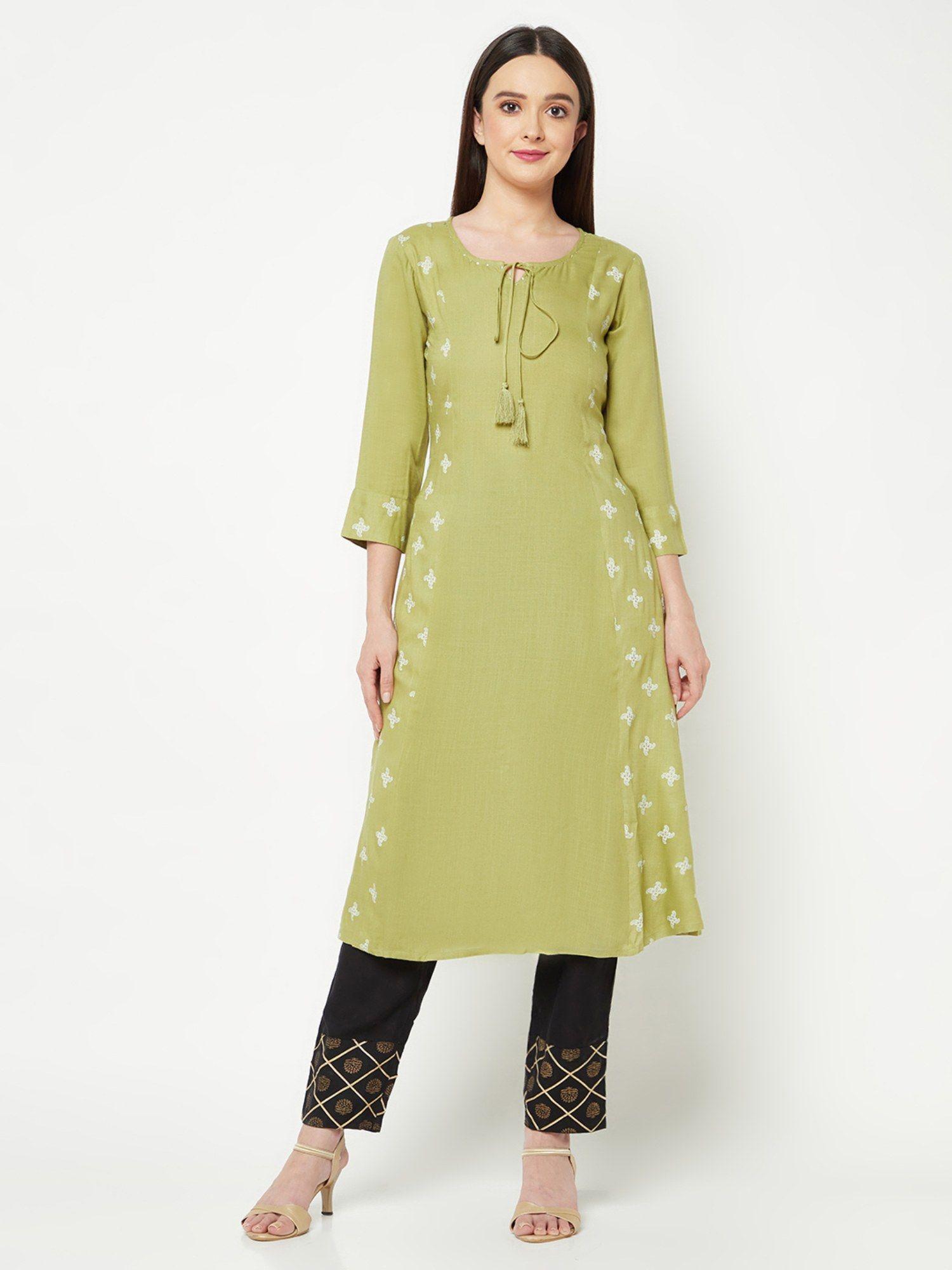 green bagh print gathered kurta