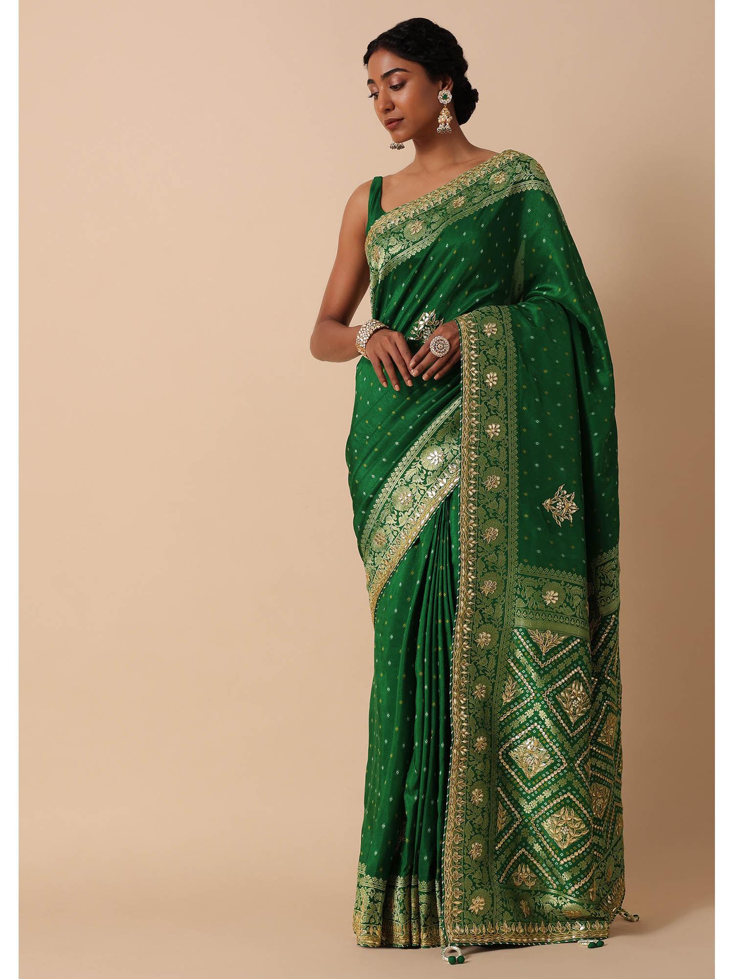 green banarasi dola silk saree with unstitched blouse