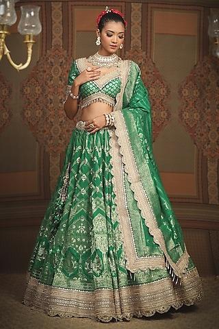 green banarasi machine embroidered lehenga set