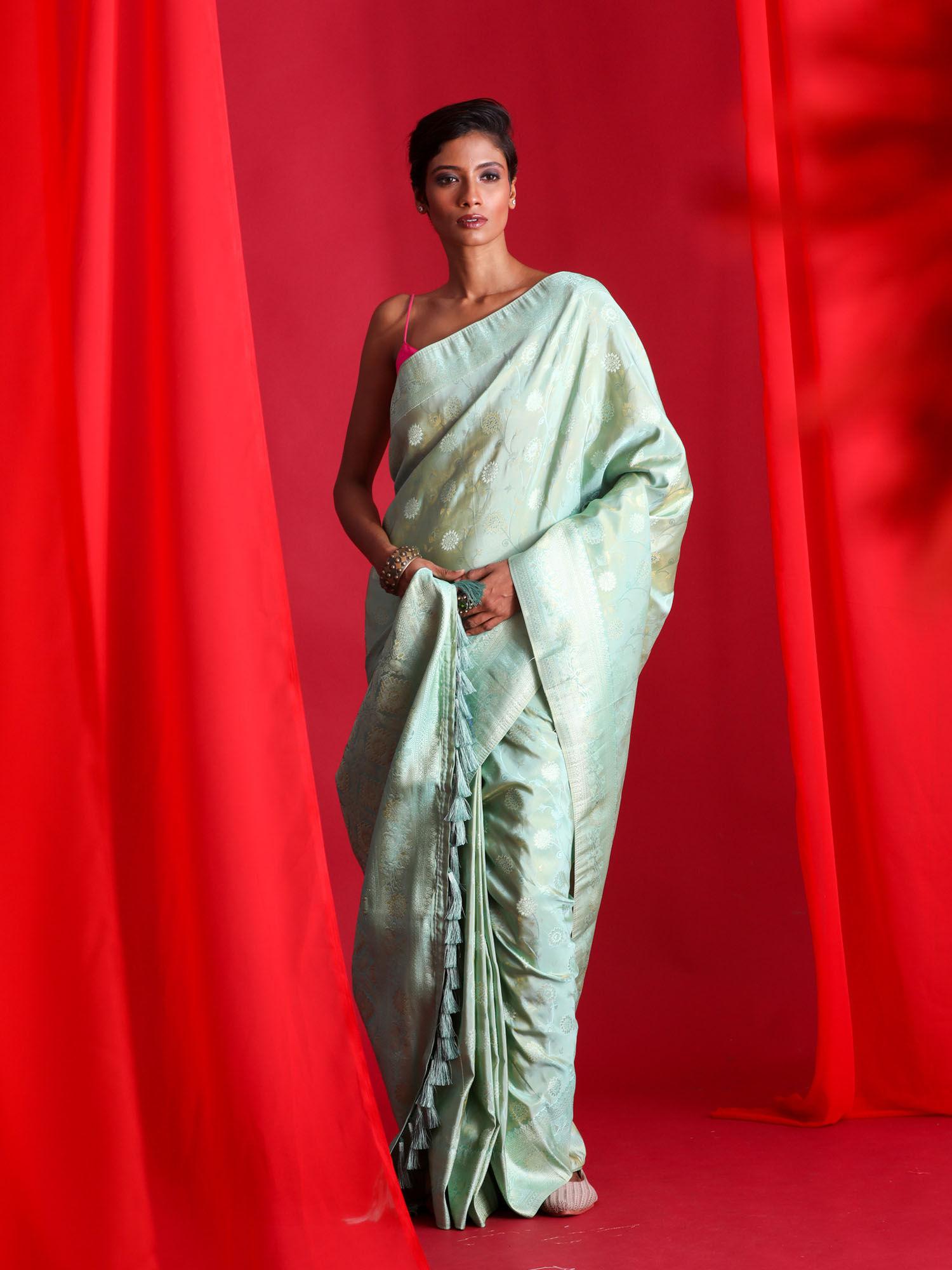 green banarasi saree with unstitched blouse