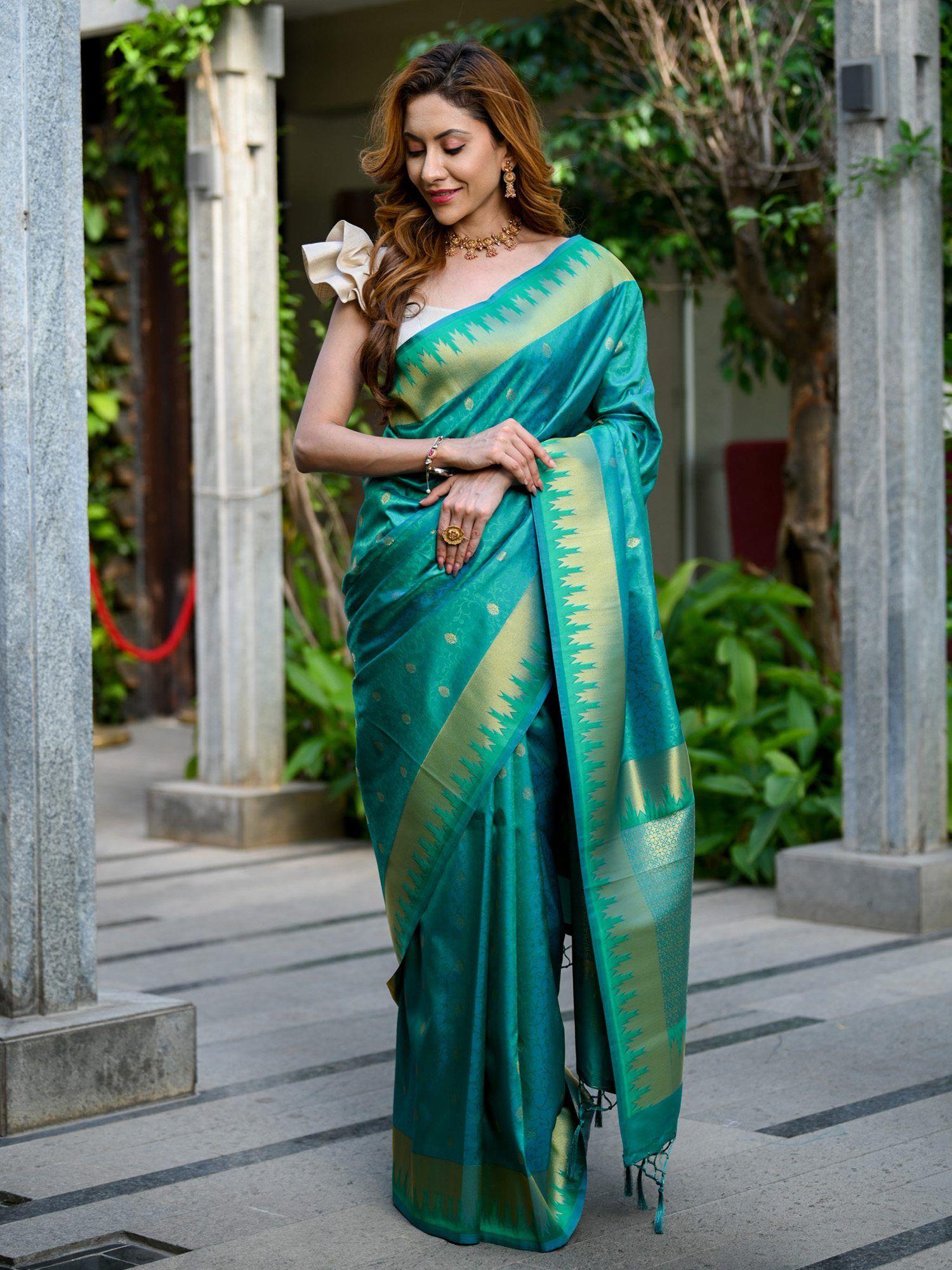 green banarasi saree with unstitched blouse