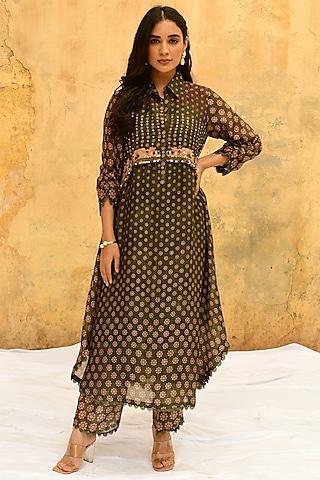 green banarasi silk embroidered & printed kurta set