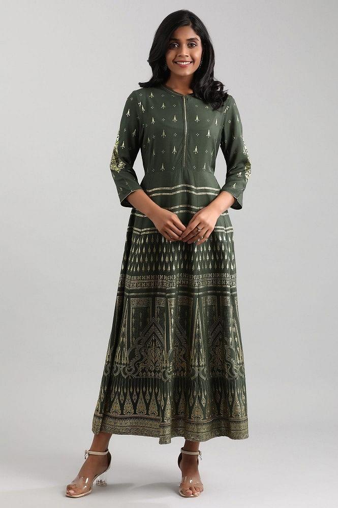 green band collar printed dress