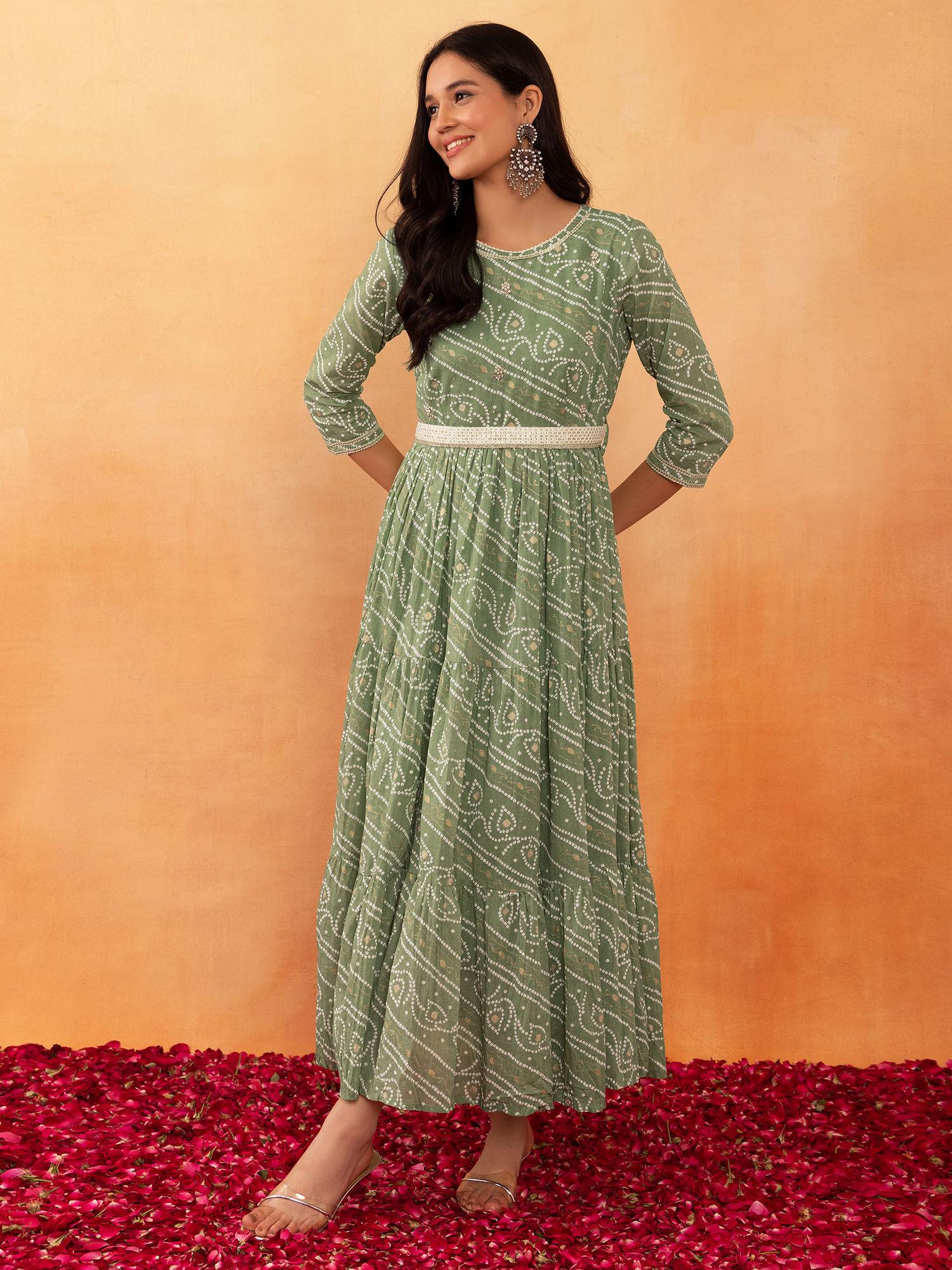 green bandhani print cotton dress with belt (set of 2)