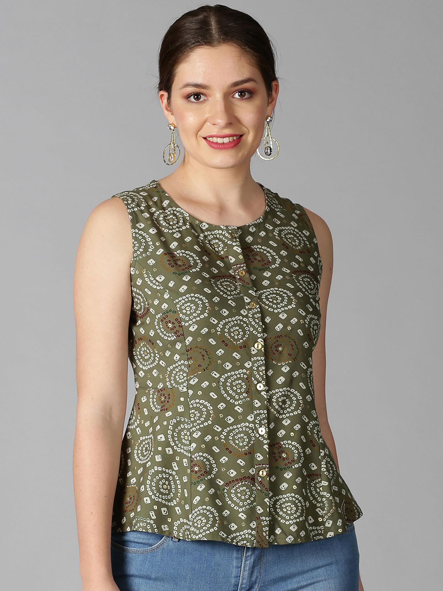 green bandhani printed a line panelled top