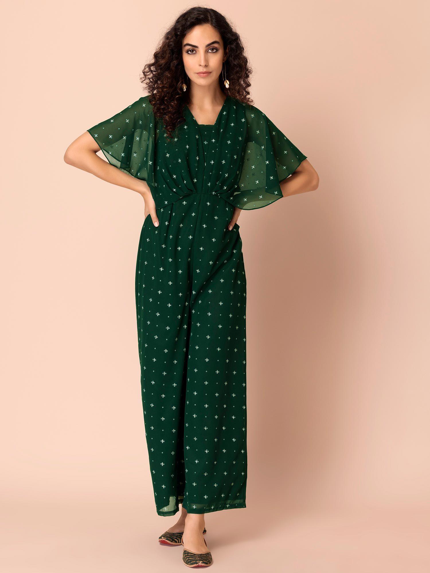 green bandhani printed flared sleeve jumpsuit