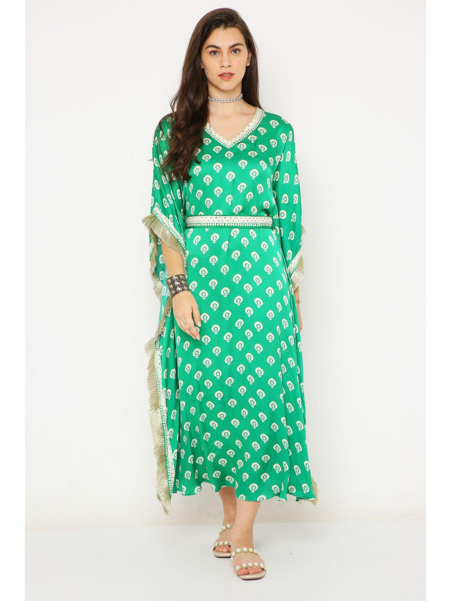 green barfi modal long kaftan dress with belt (set of 2)