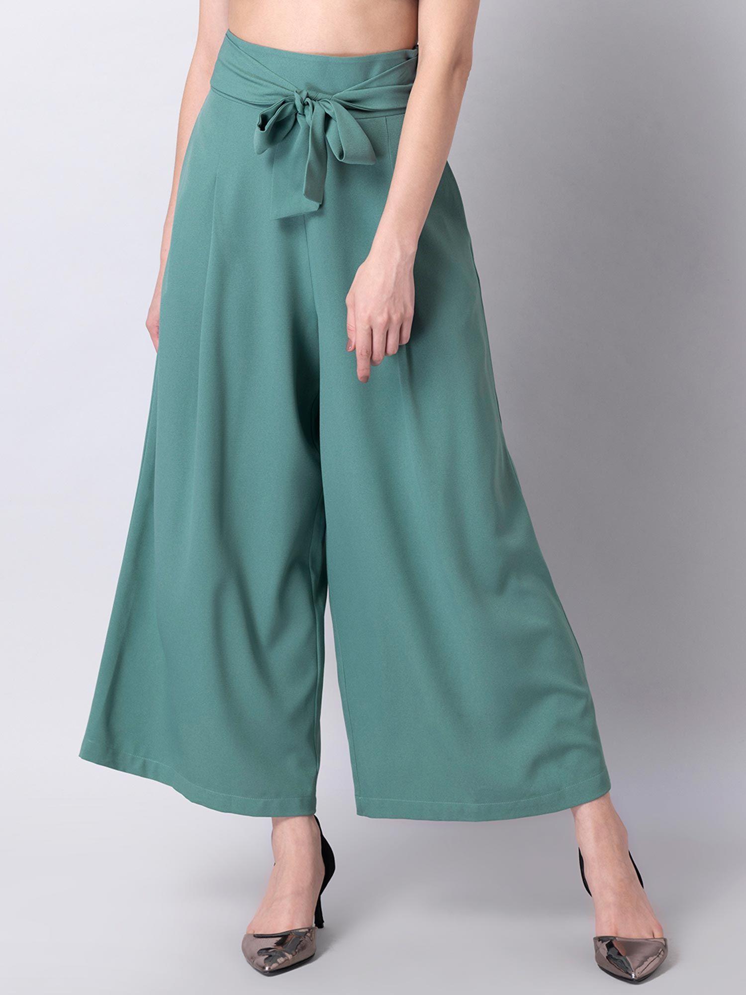 green belted high waist flared trousers