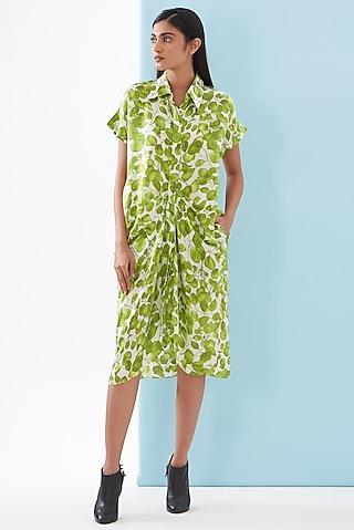 green bemberg satin printed pleated shirt dress