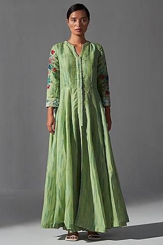 green bemberg silk embellished & printed anarkali set