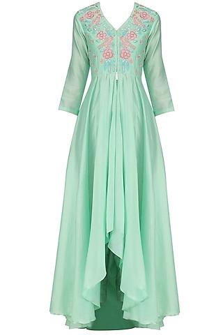 green bird motif front open asymmetric anarkali set