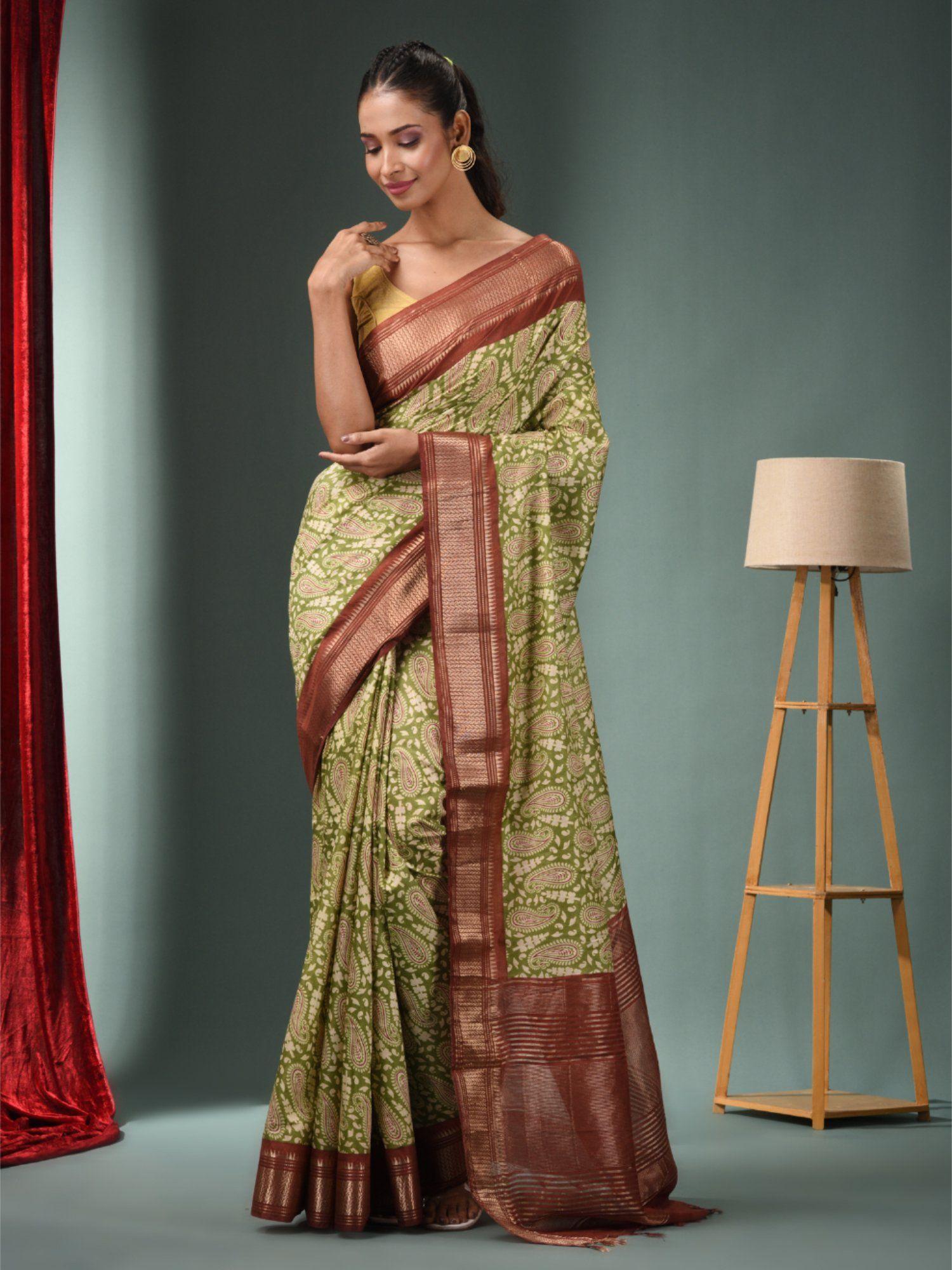 green blended silk handwoven ajrakh print saree & unstitched blouse