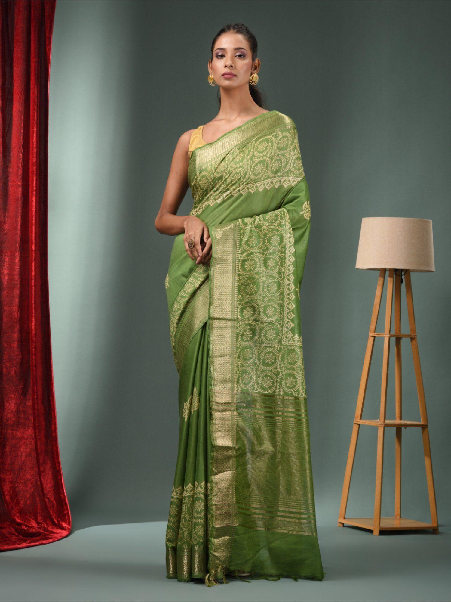 green blended silk handwoven saree with woven zari border & unstitched blouse