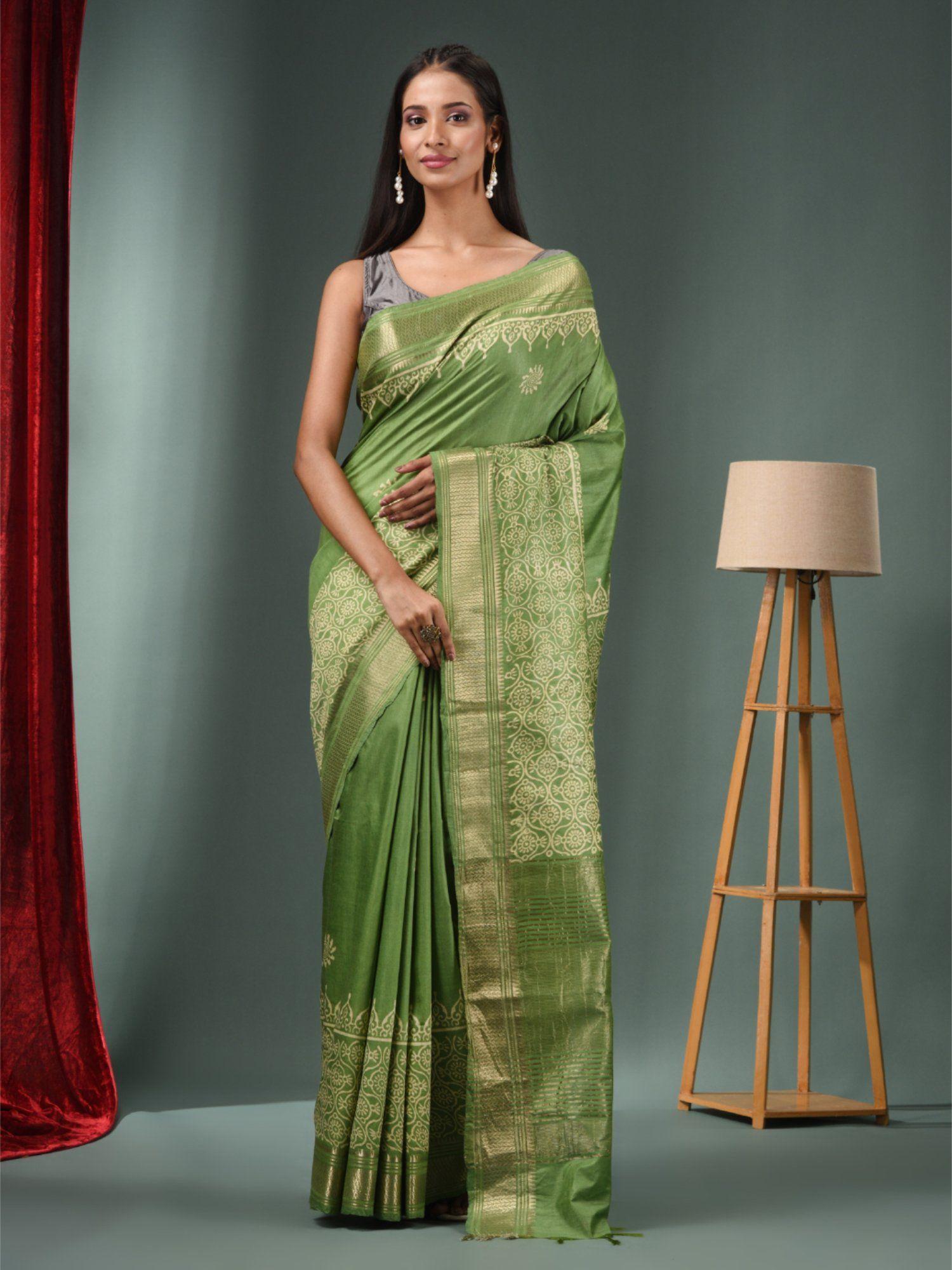 green blended silk handwoven saree with woven zari border & unstitched blouse