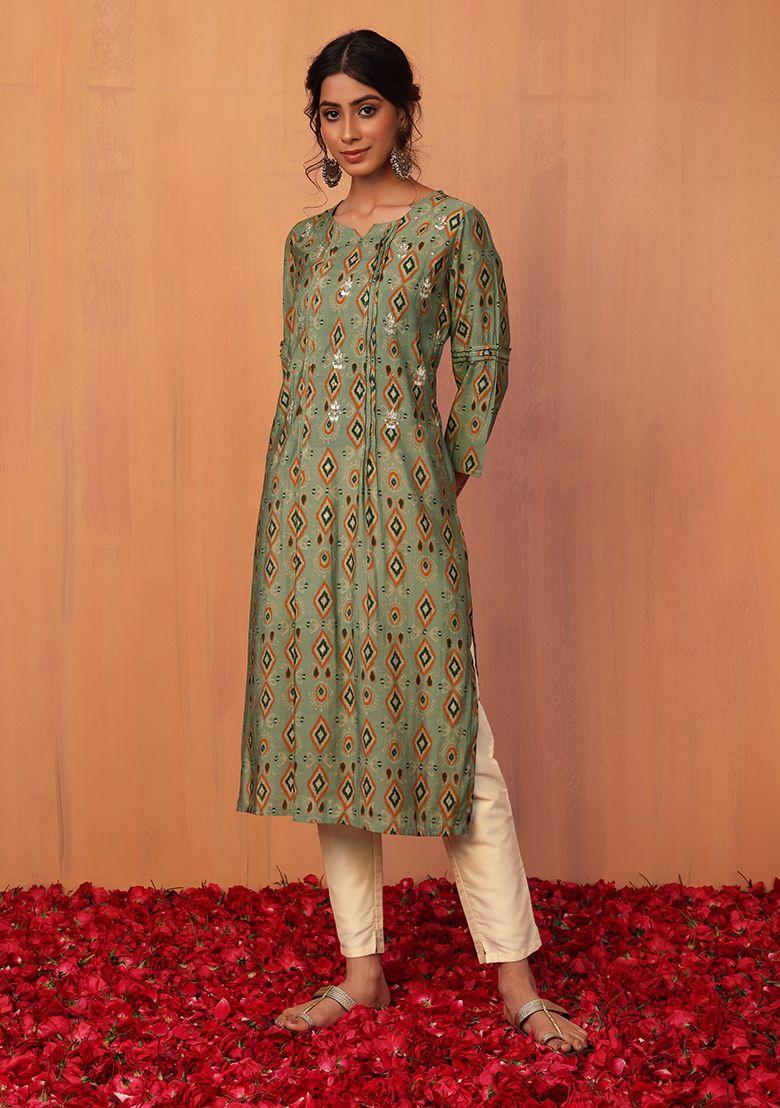 green block print gota embroidered muslin pintuck kurta