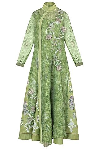 green block printed anarkali with jacket