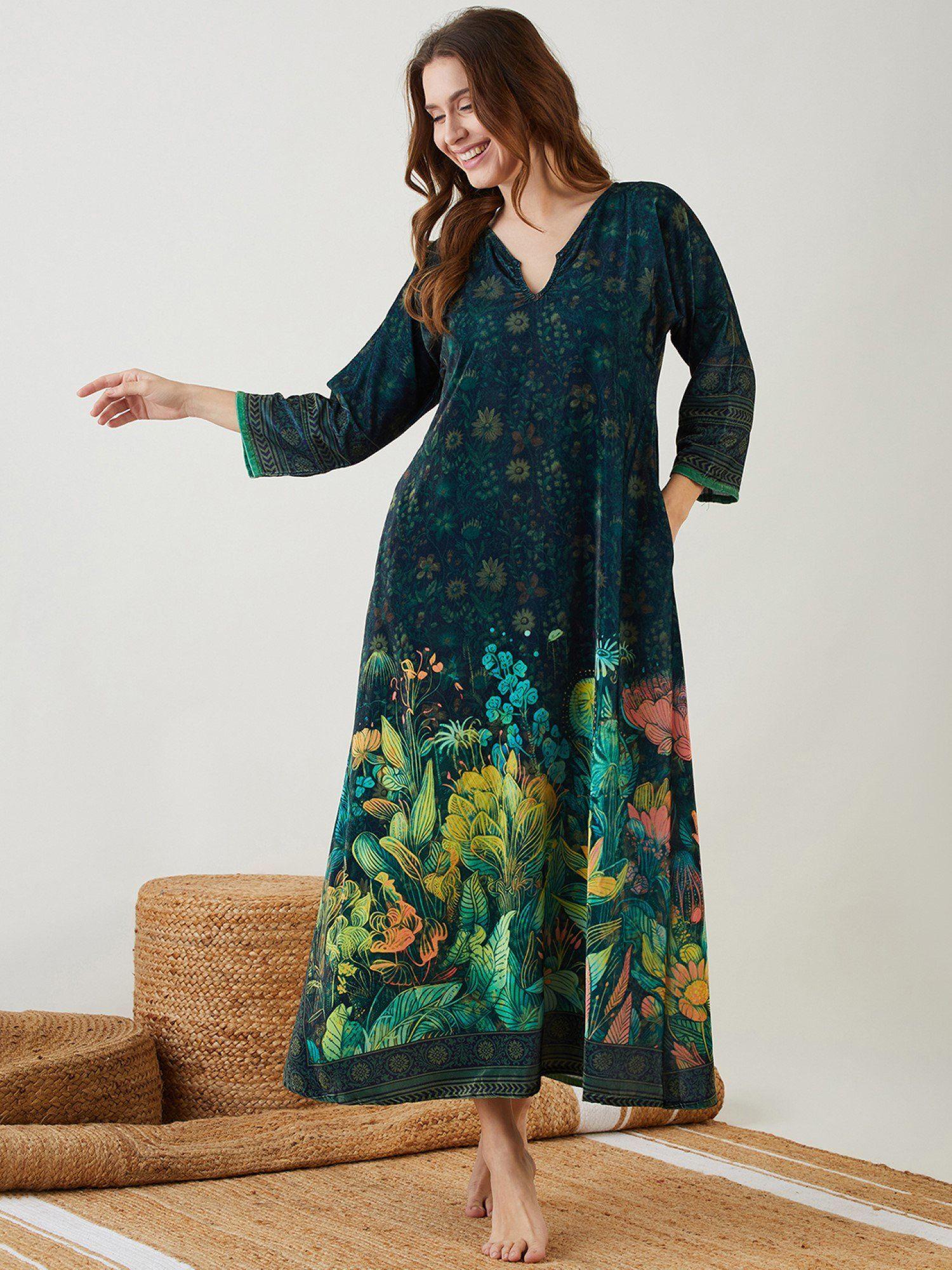 green blooming velvet lounge dress