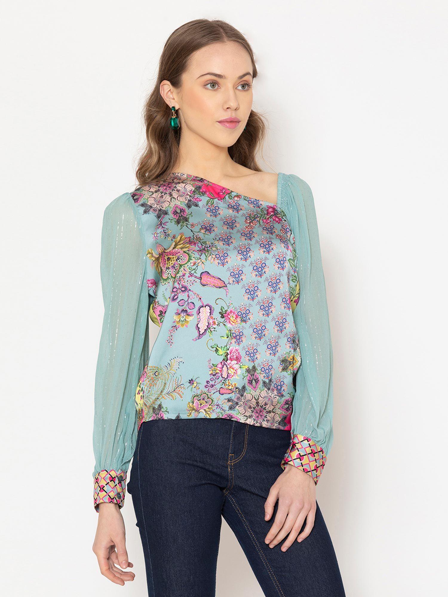 green blue floral asymmetric neck long sleeves casualwear length top for women