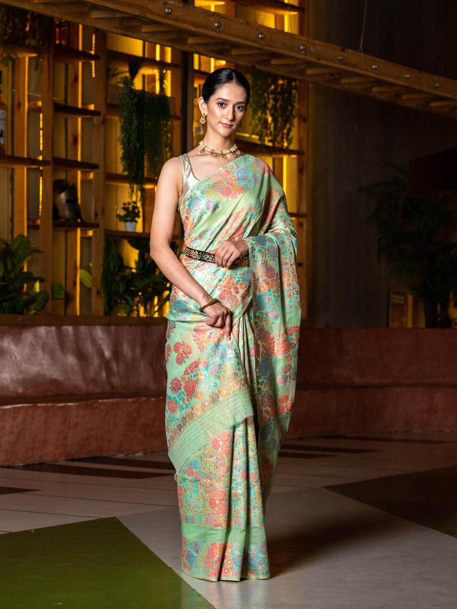 green blue floral chanderi cotton saree with unstitched blouse