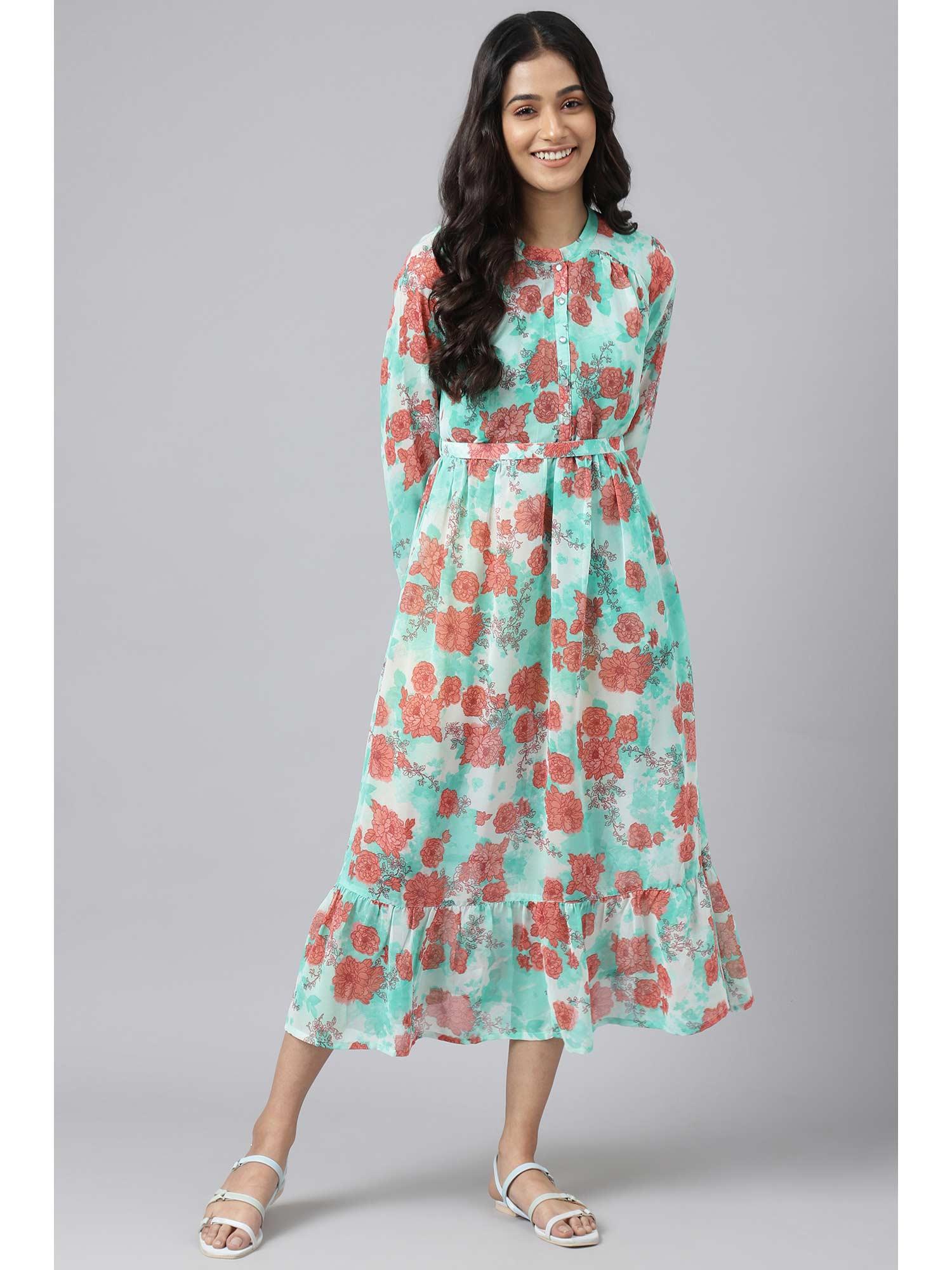 green bold floral print flared dress