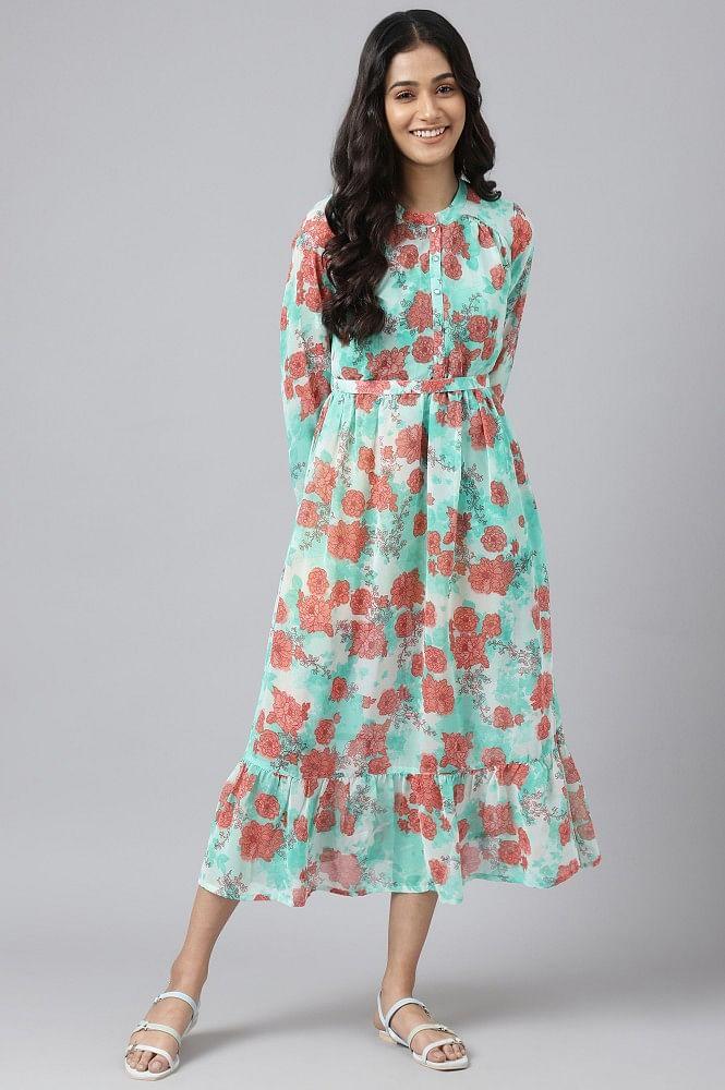 green bold floral print flared dress