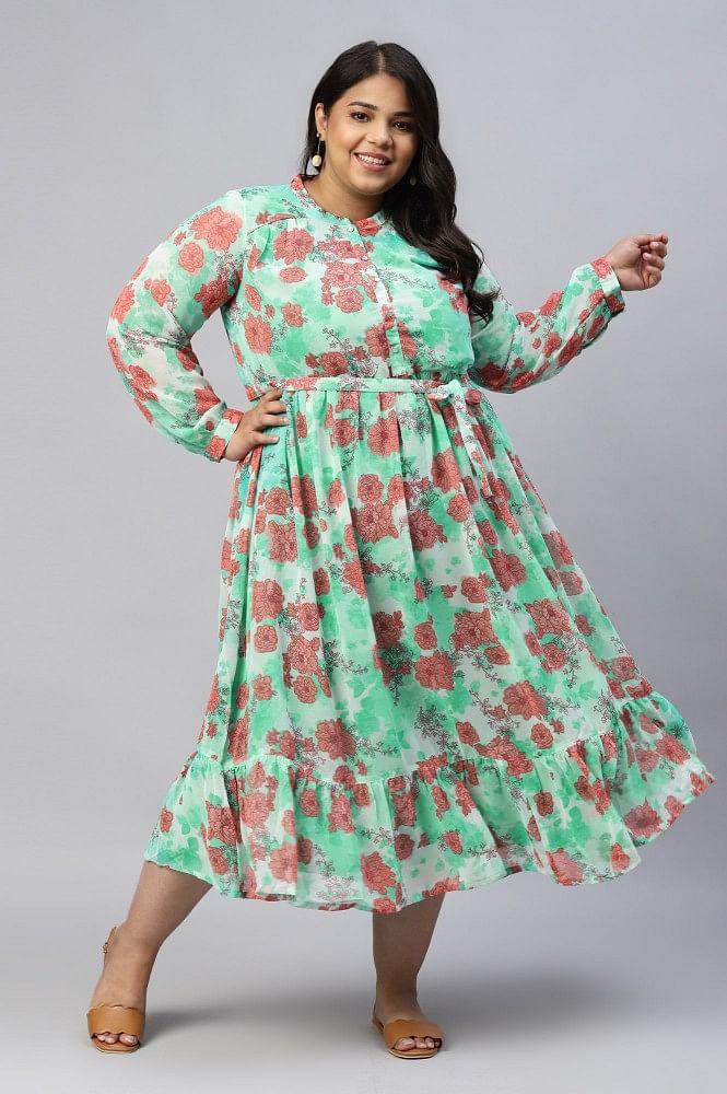 green bold floral print flared plus size dress