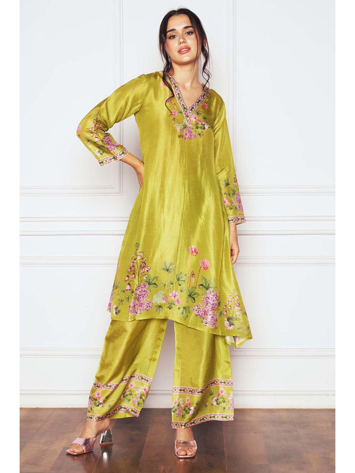 green botanical asymmetrical kurta with palazzo (set of 2)