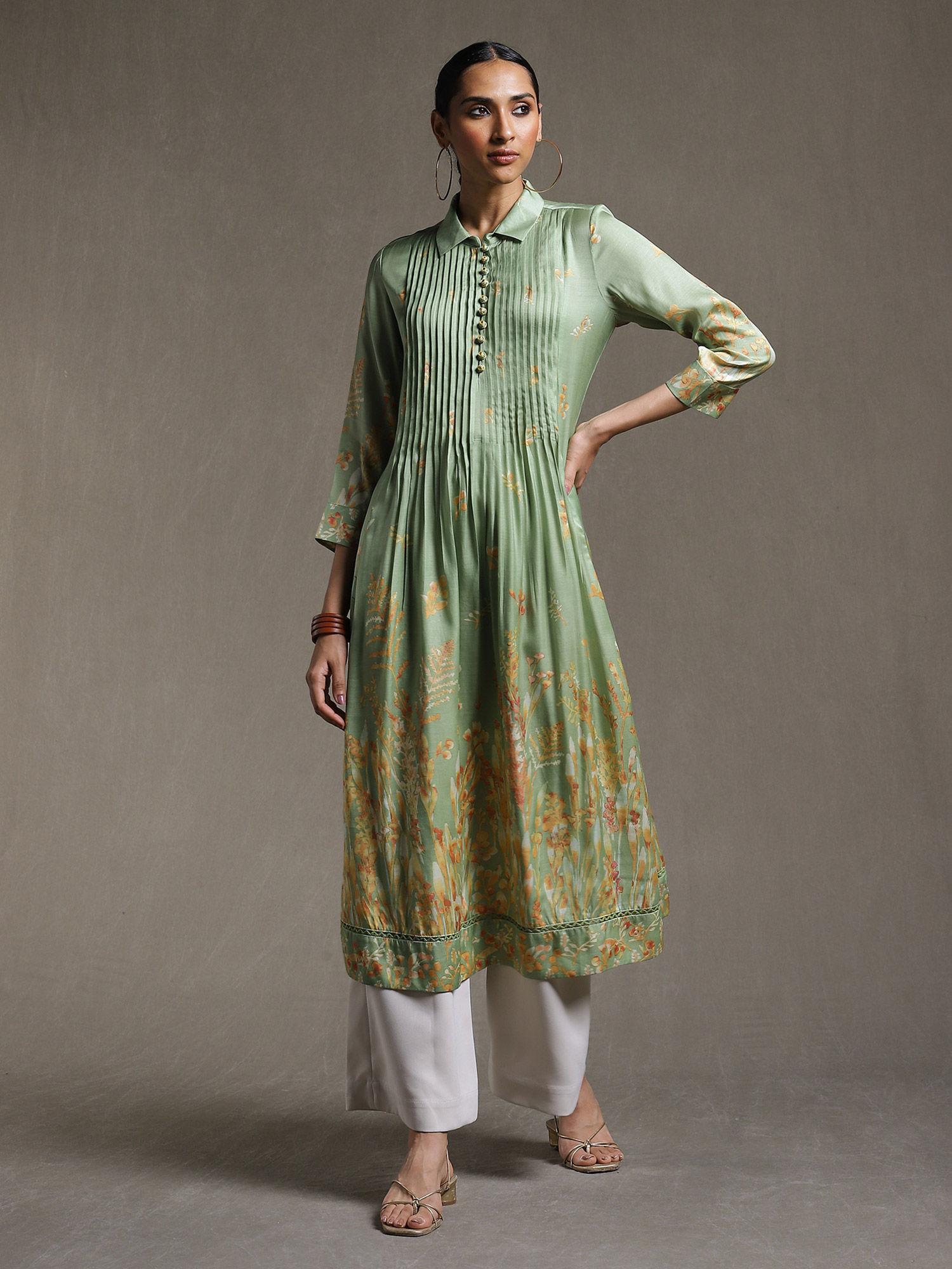 green botanical print kurta