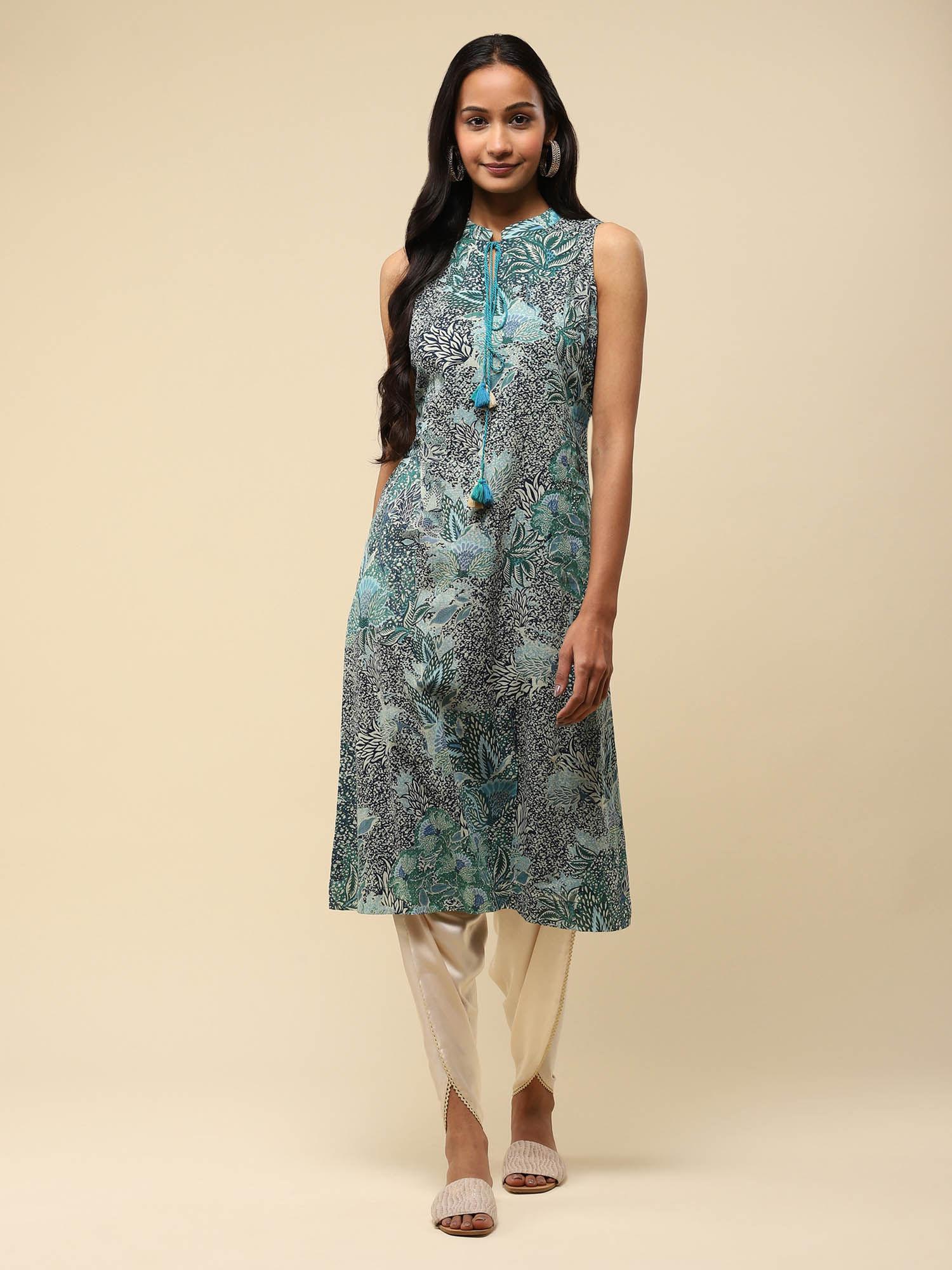 green botanical print kurti with drawstring